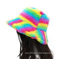 Autumn Winter Faux Fur Rainbow Striped Women Bucket Hats Thick Warm Lady Fluffy Panama Hats Outdoor Velvet Fisherman Hats